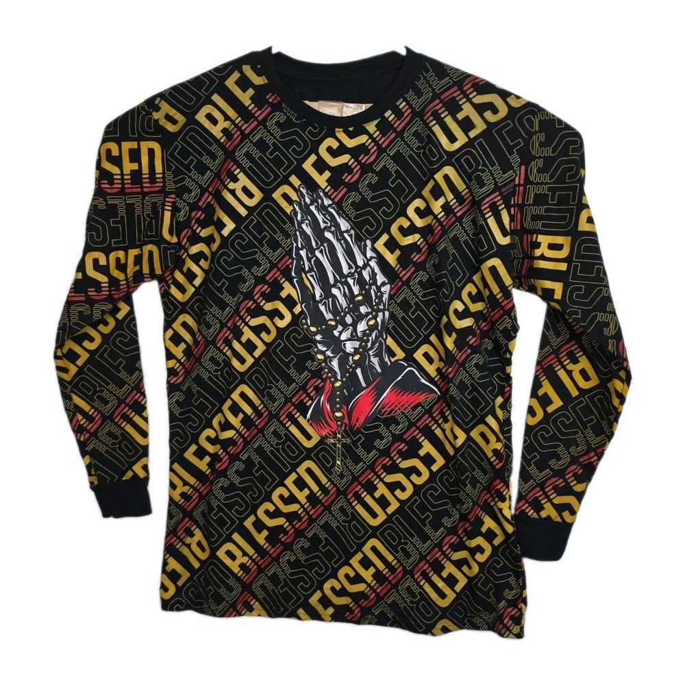 OG Hustle Blessed T-Shirt Men's XL Black, All Over Print Praying Hands Long Slvs